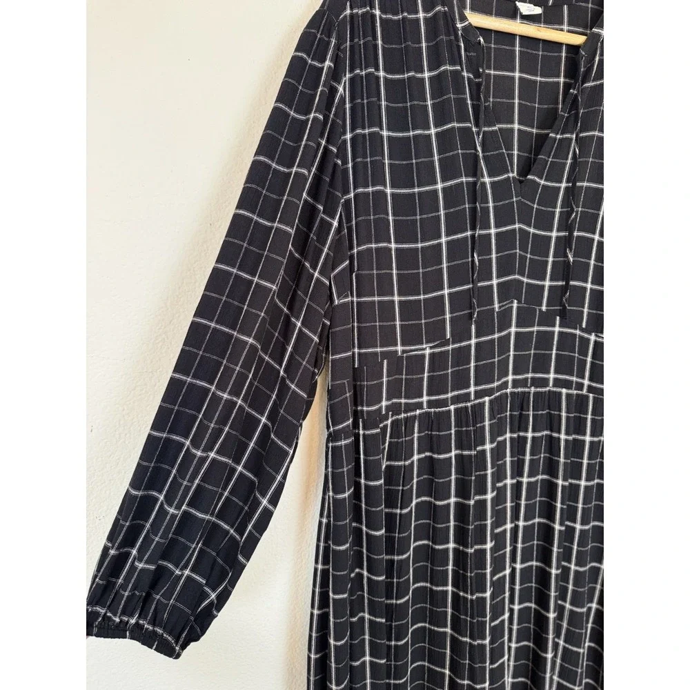 Old Navy Black Windowpane Plaid Midi Dress XL Tiered Empire Waist Prairie